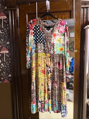 SHAN Brown Leopard & Floral V-Neck Boho Dress